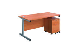 First Single Desk with 3 Drawer Pedestal 1600x800mm Beech/Silver KF803584