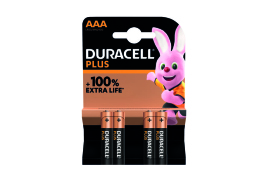 Duracell Plus AAA Battery Alkaline 100% Extra Life (Pack of 4) 5009378